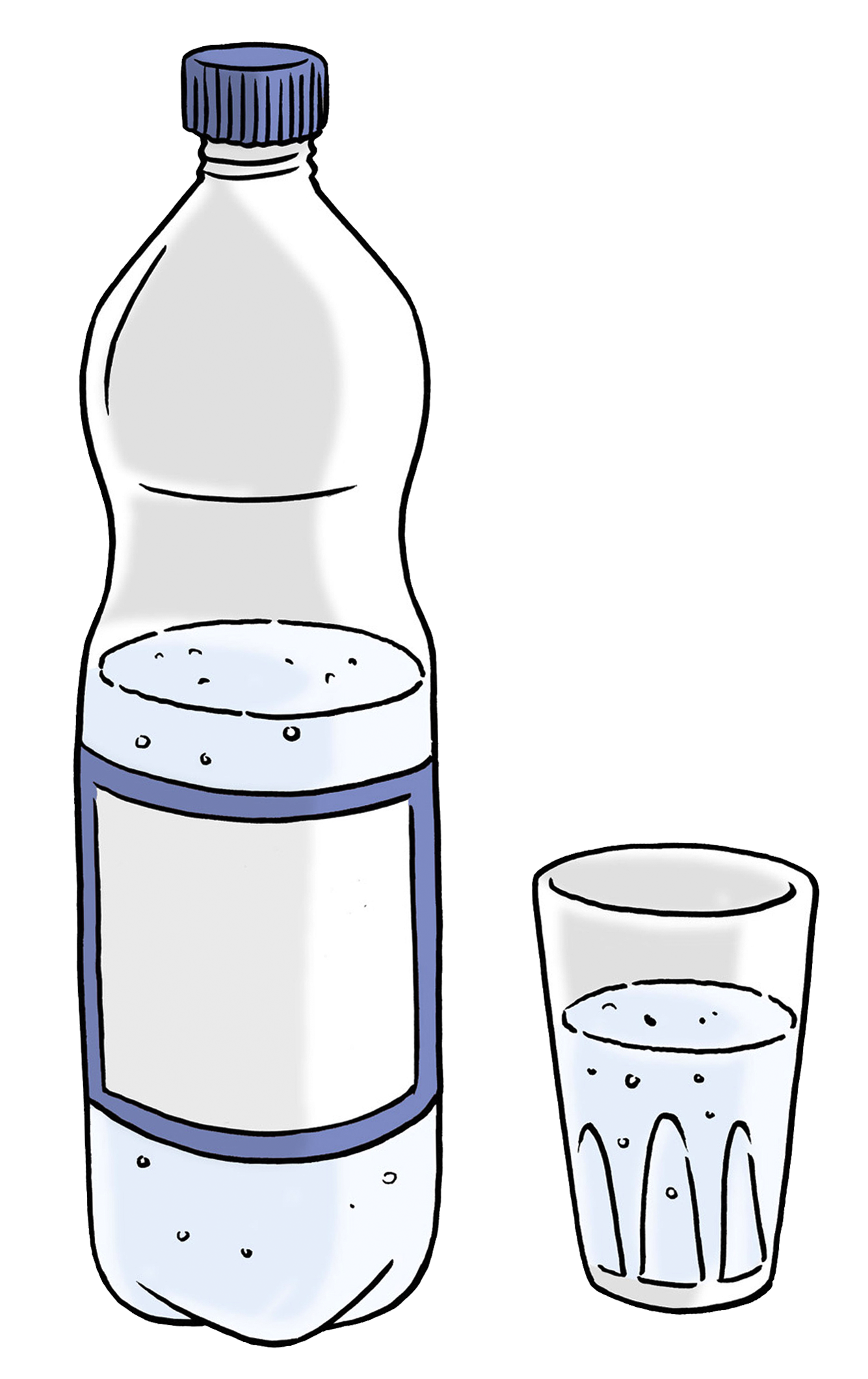 Eine halbgefüllte Flasche mit Wasser. Daneben steht ein mit Wasser gefülltes Glas.