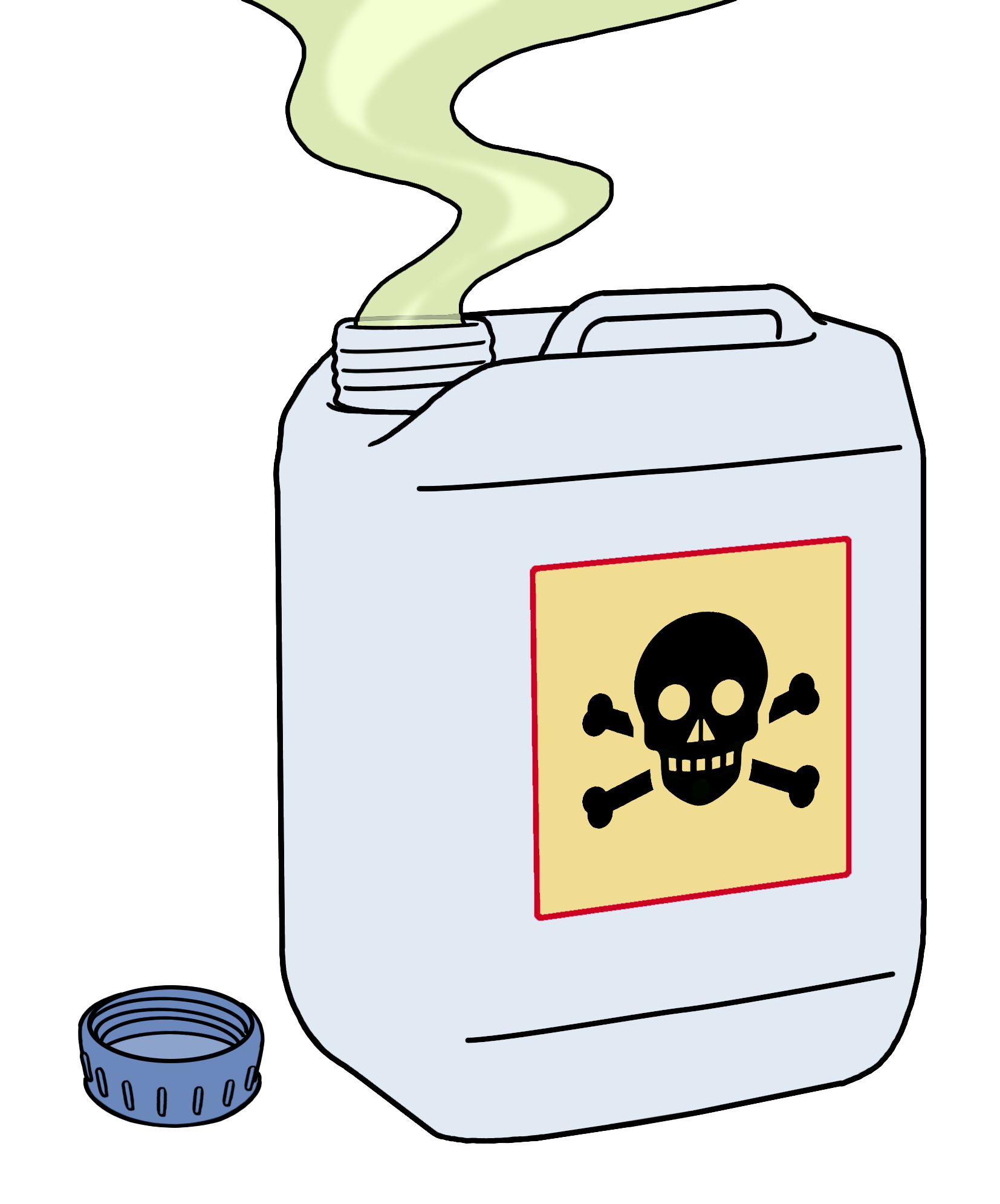 Ein offener Kanister. Aus dem Kanister steigt Dampf auf. Auf dem Kanister ist ein Aufkleber mit einem Totenkopf drauf.