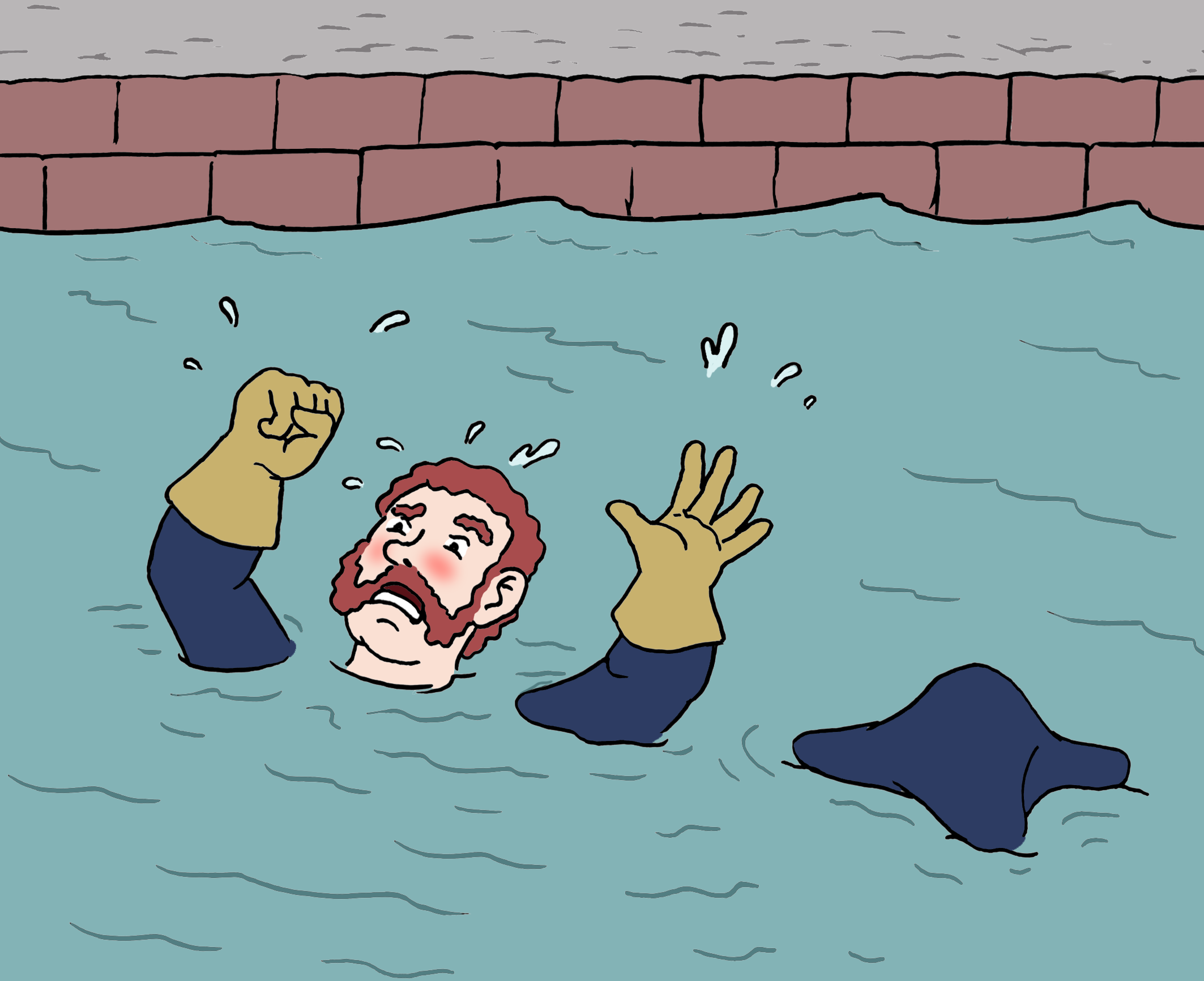 Ein Mann treibt im Wasser. Er sieht ängstlich aus und streckt die Arme nach oben.