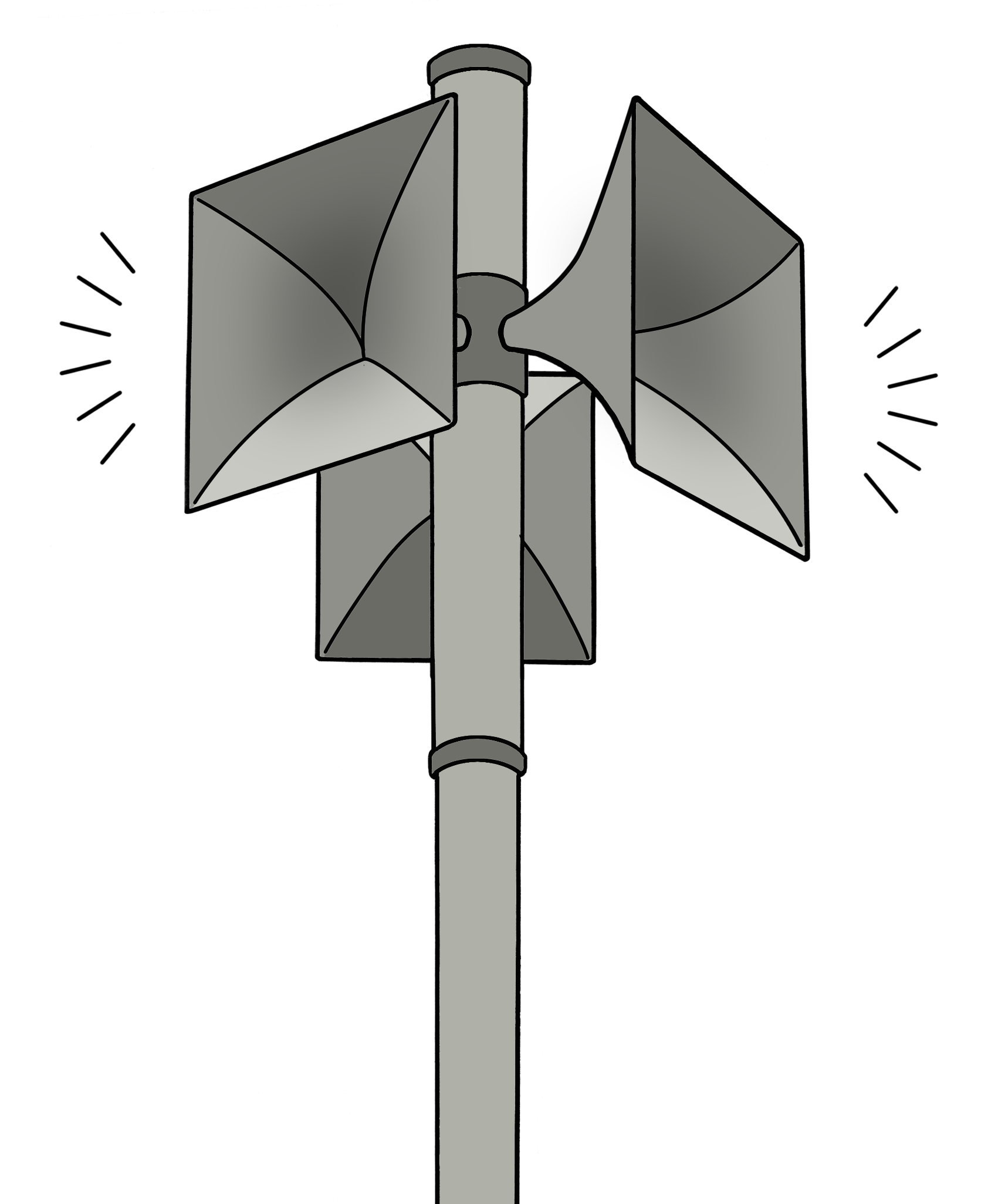 Ein langer Mast auf dem drei Lautsprecher befestigt sind. Aus den Lautsprechern kommen Töne.