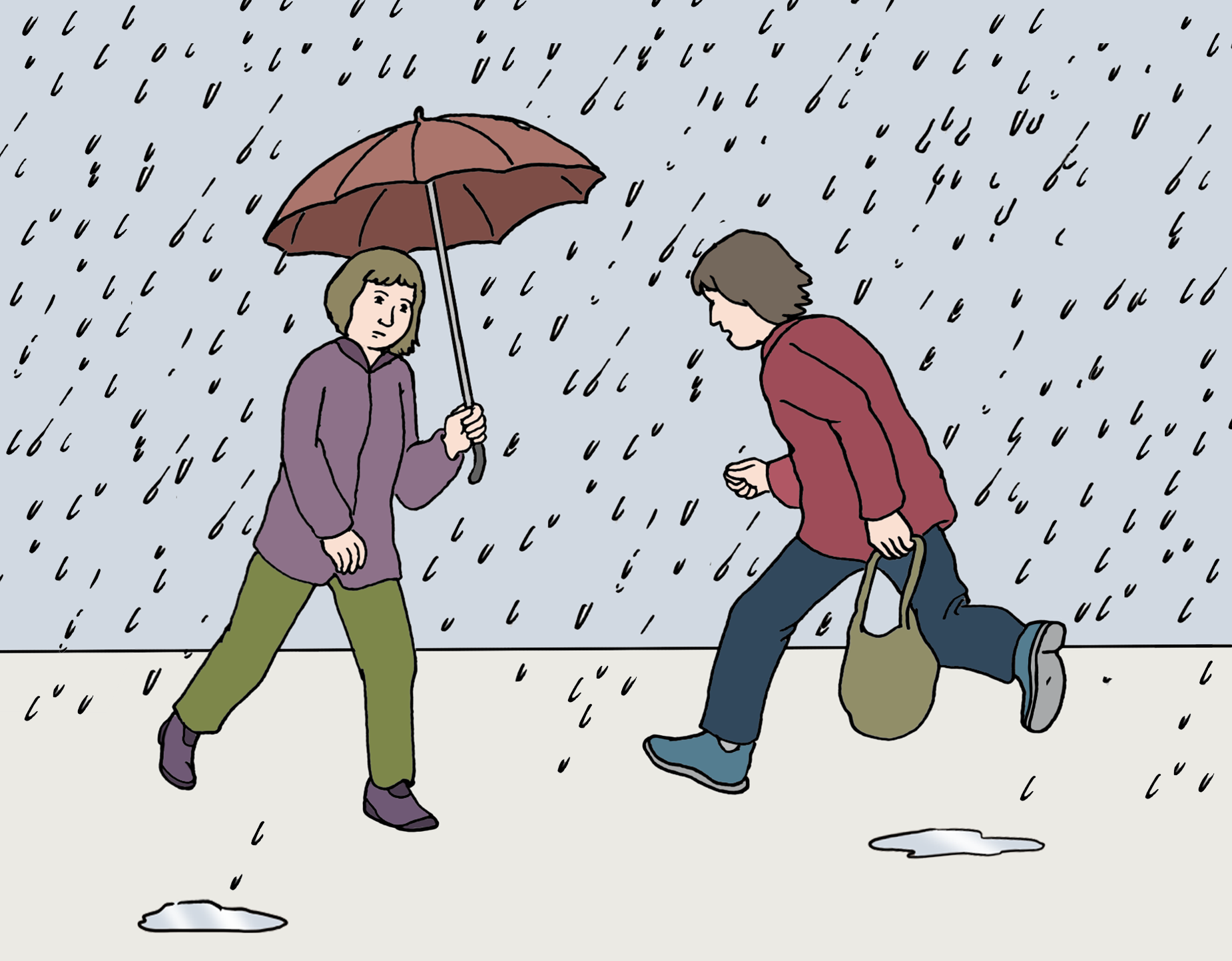 Zwei Personen laufen schnell aneinander vorbei. Es regnet sehr stark. Eine Person hält einen Regenschirm.