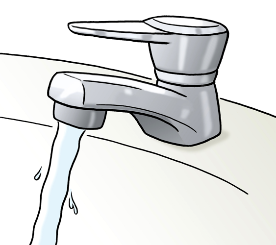 Ein aufgedrehter Wasserhahn. Das Wasser läuft.