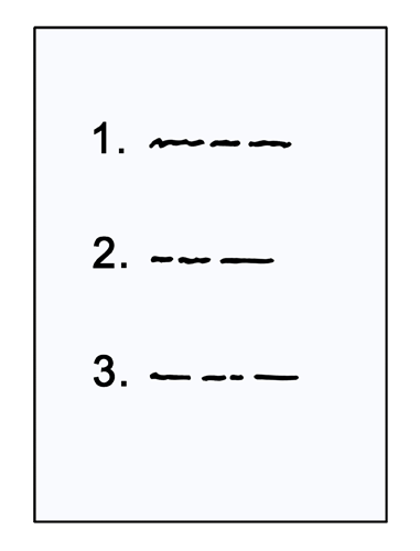Ein Blatt Papier. Auf dem Blatt stehen die Zahlen 1,2,3 unter einander.