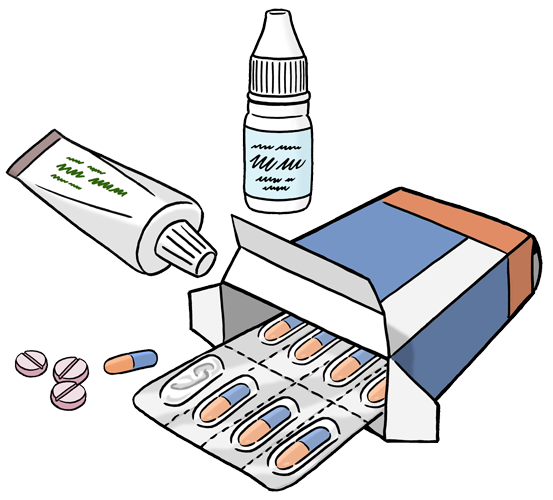 Eine Pakung mit Tabletten, eine Tube und ein Fläschchen mit Tropfen.