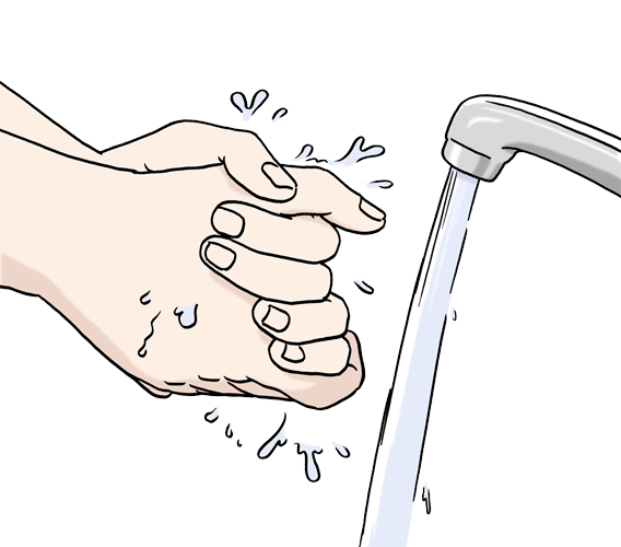 Zwei Hände unter einem Wasserstrahl.