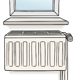 Eine Heizung unter dem Fenster.