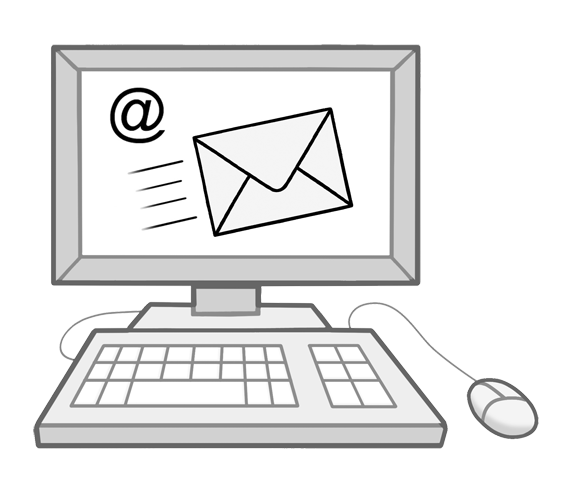 Ein Computer. Auf dem Bildschirm ist ein Briefumschlag und darüber ein kleines Email Symbol.